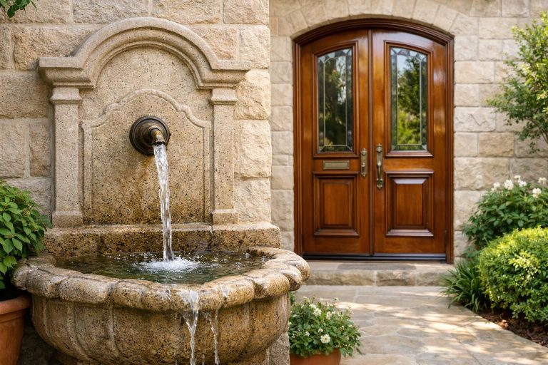 restaurez le charme authentique de votre porte d'entrée en bois et installez un jet d'eau pour créer un accueil chaleureux et élégant à votre maison.