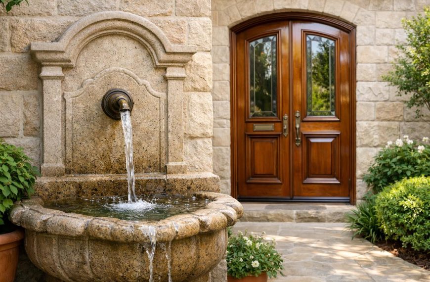 restaurez le charme authentique de votre porte d'entrée en bois et installez un jet d'eau pour créer un accueil chaleureux et élégant à votre maison.