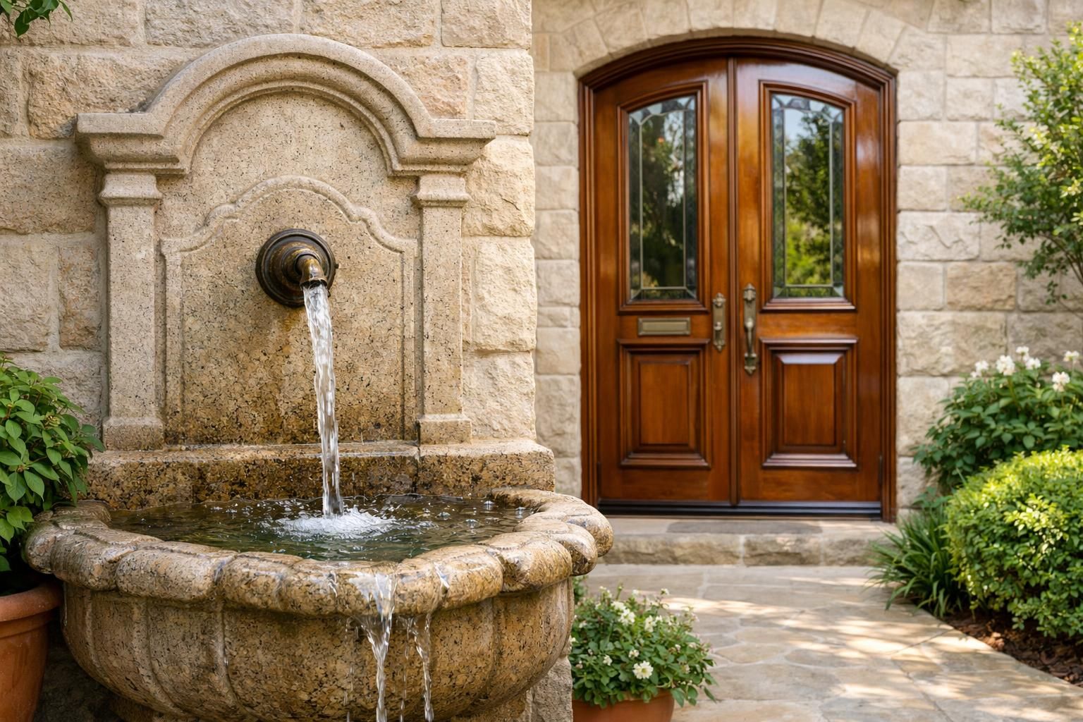 restaurez le charme authentique de votre porte d'entrée en bois et installez un jet d'eau pour créer un accueil chaleureux et élégant à votre maison.